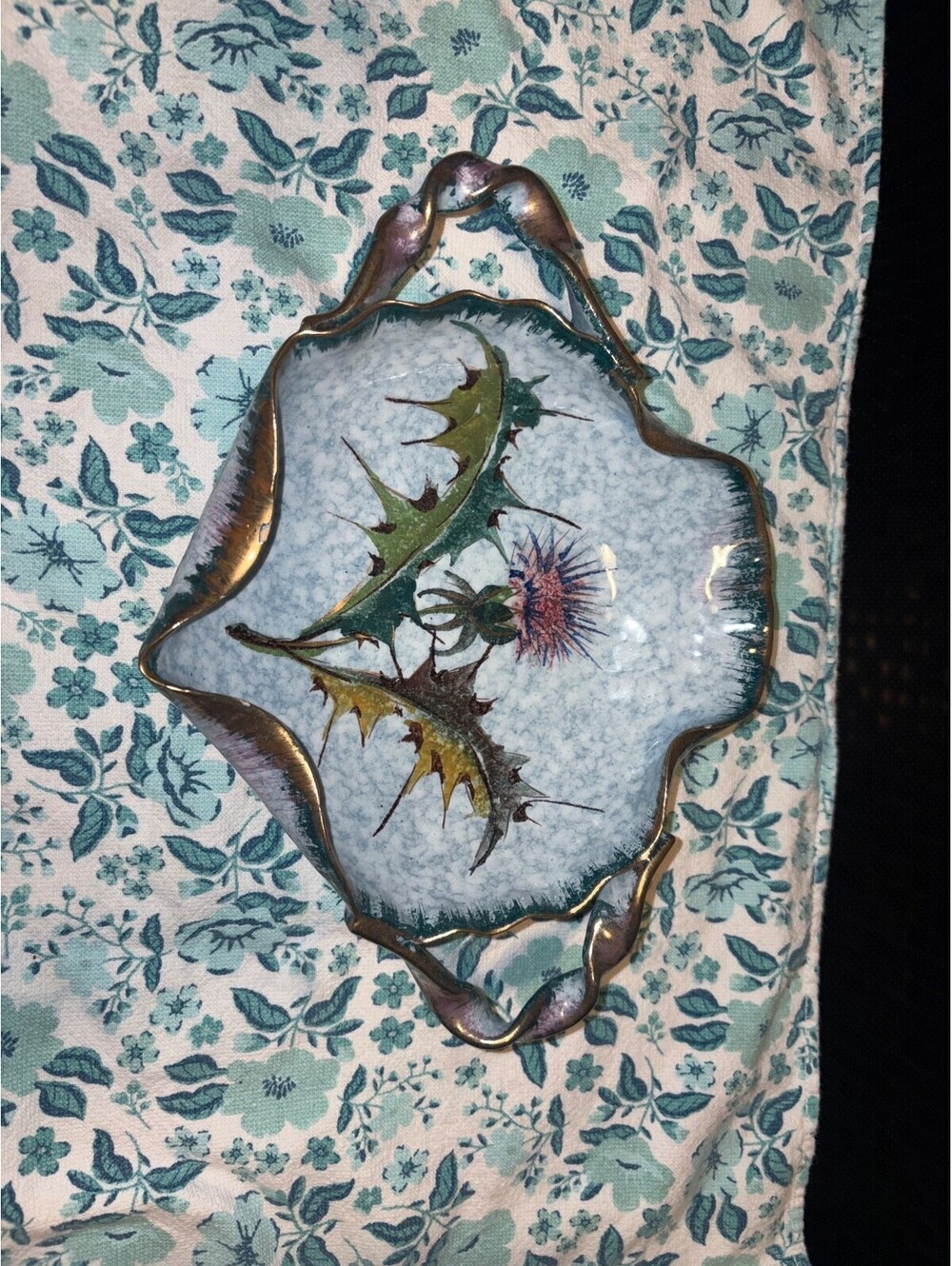 VTG Shallow Bowl Thistle Leaf Pottery Sesto Fiorentino Teal Gold VTG Italy 11”